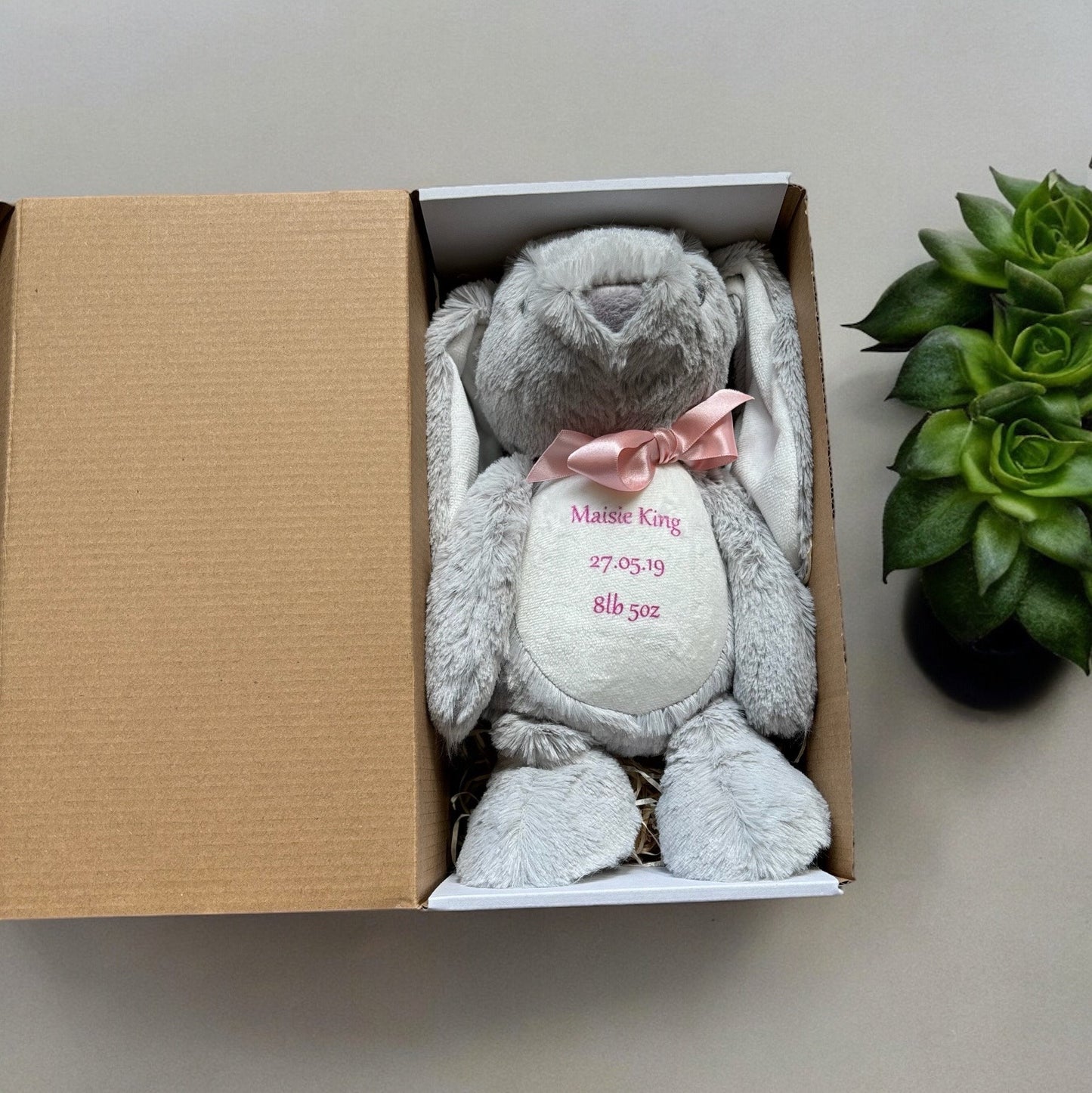 Cute Personalised Plush Rabbit - Height 27cm stretched, 18 cm sitting.