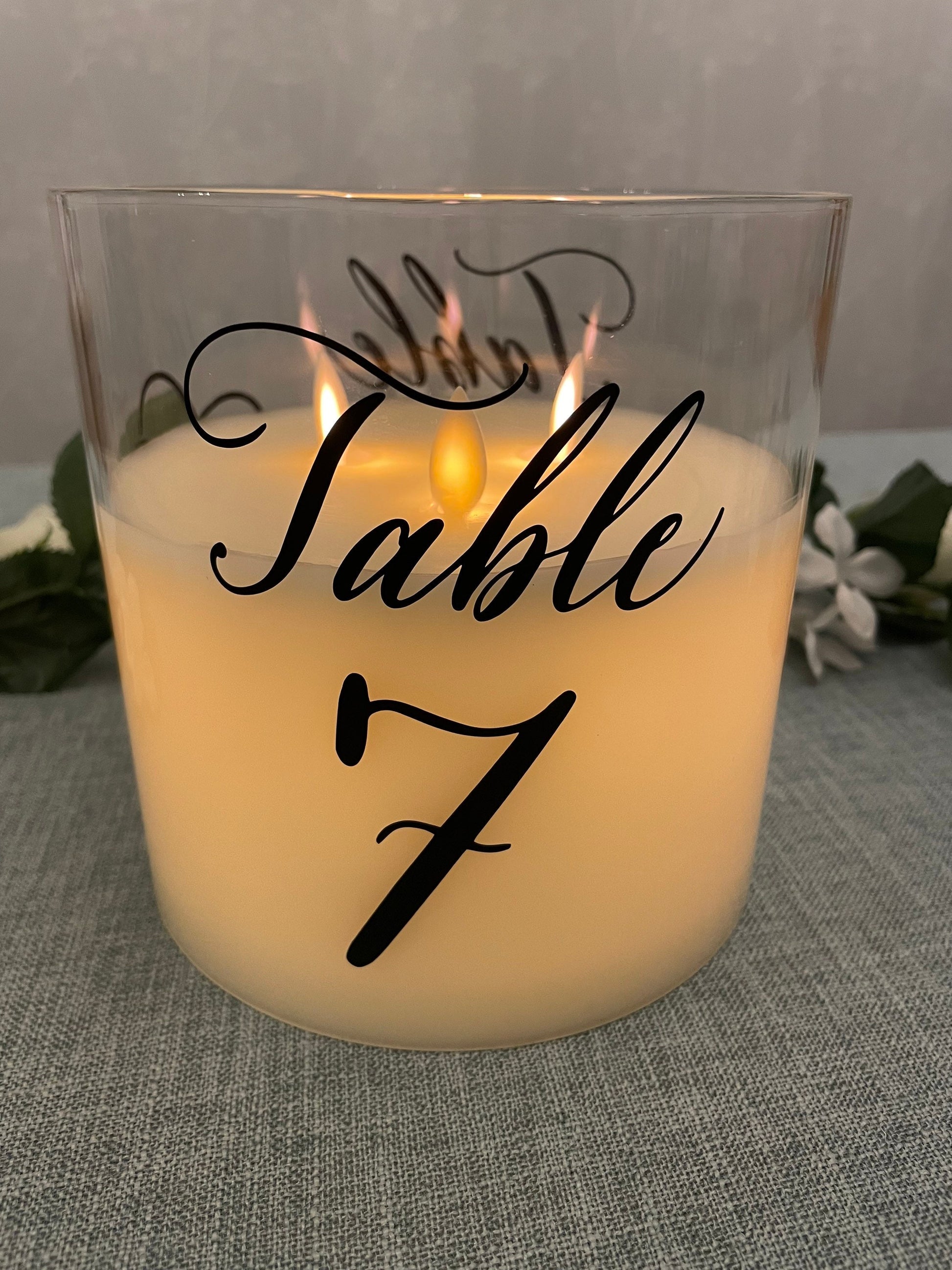 Wedding Table Number Illusion Candle Centrepiece (extra large) - black artwork - option of personalisation available.