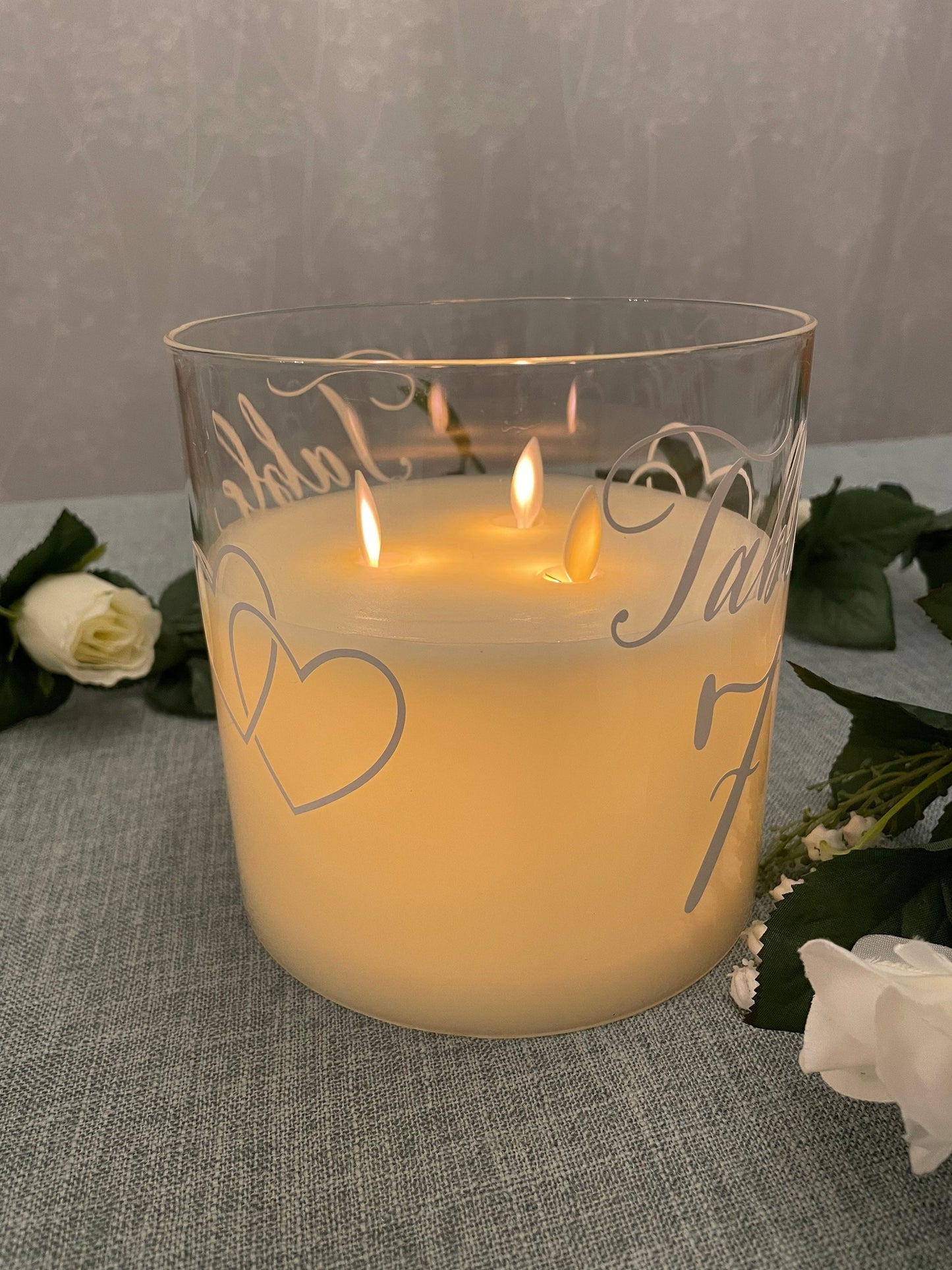 Wedding Table Number Illusion Candle Centrepiece (extra large) - Silver artwork - option of personalisation available.