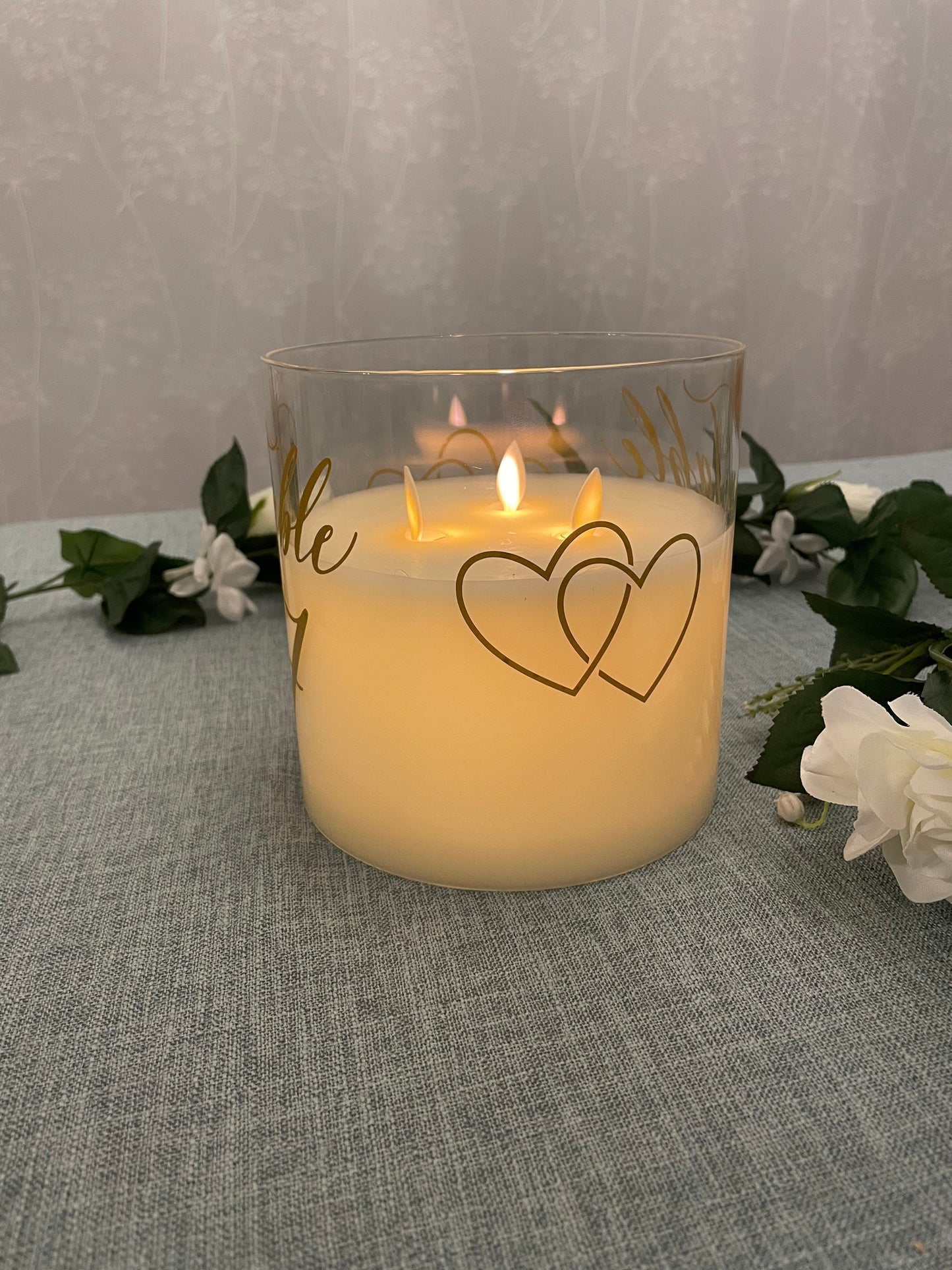 Wedding Table Number Illusion Candle Centrepiece (extra large) - Gold artwork - option of personalisation available.