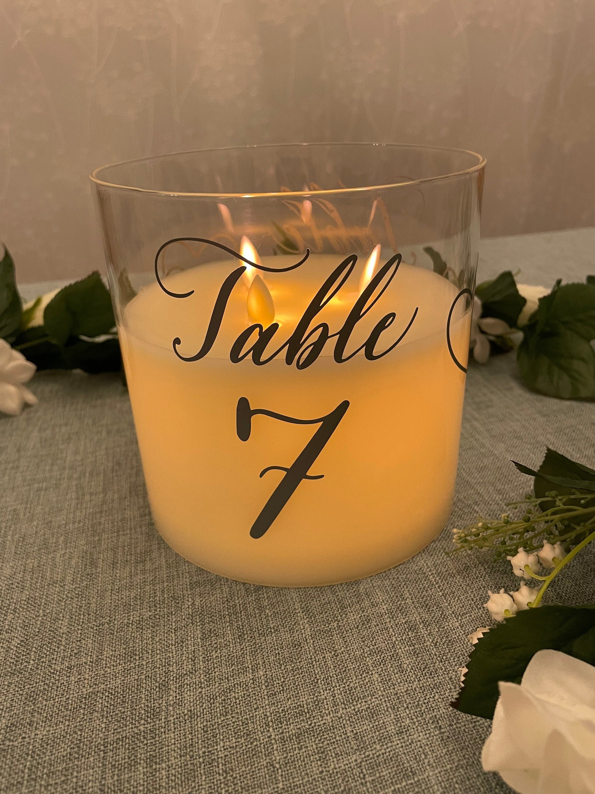 Wedding Table Number Illusion Candle Centrepiece (extra large) - Gold artwork - option of personalisation available.