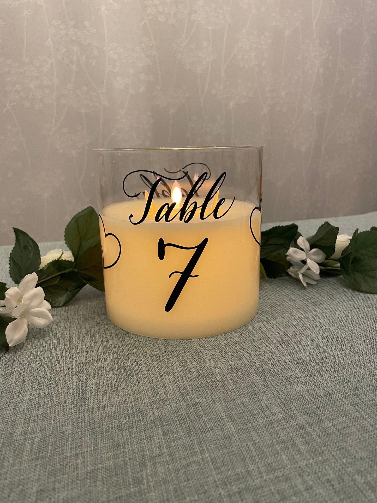 Wedding Table Number Illusion Candle Centrepiece (extra large) - black artwork - option of personalisation available.