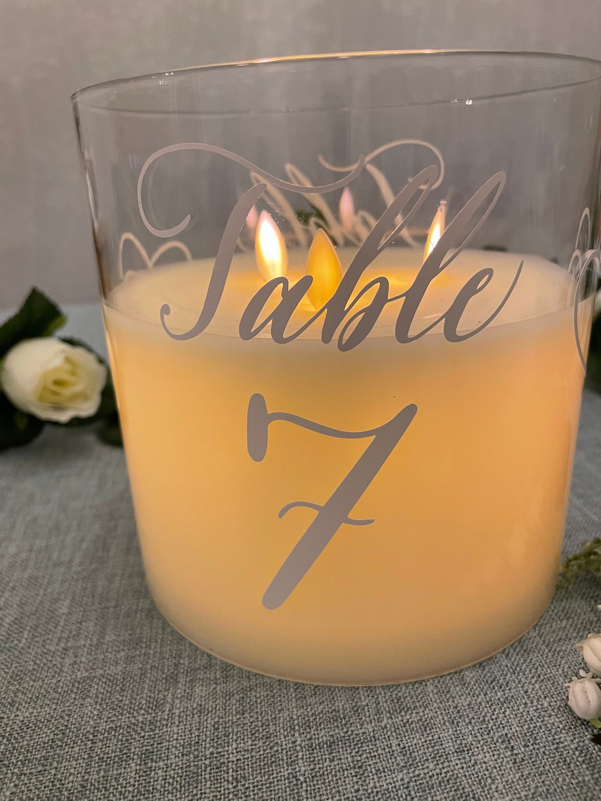 Wedding Table Number Illusion Candle Centrepiece (extra large) - Silver artwork - option of personalisation available.