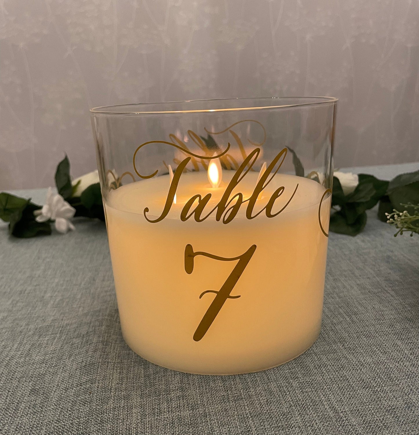 Wedding Table Number Illusion Candle Centrepiece (extra large) - Gold artwork - option of personalisation available.