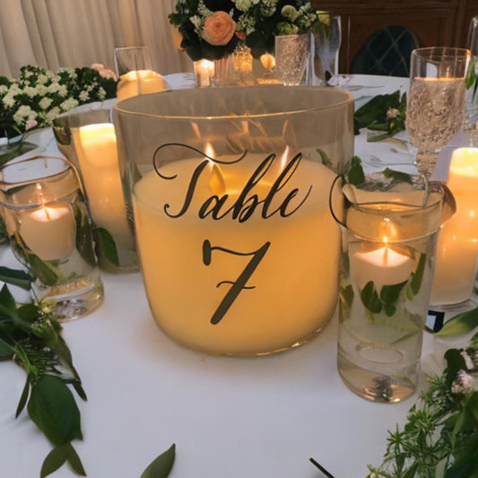 Wedding Table Number Illusion Candle Centrepiece (extra large) - Gold artwork - option of personalisation available.