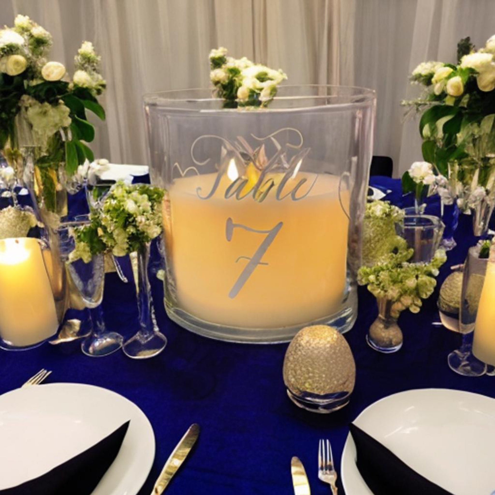 Wedding Table Number Illusion Candle Centrepiece (extra large) - Silver artwork - option of personalisation available.