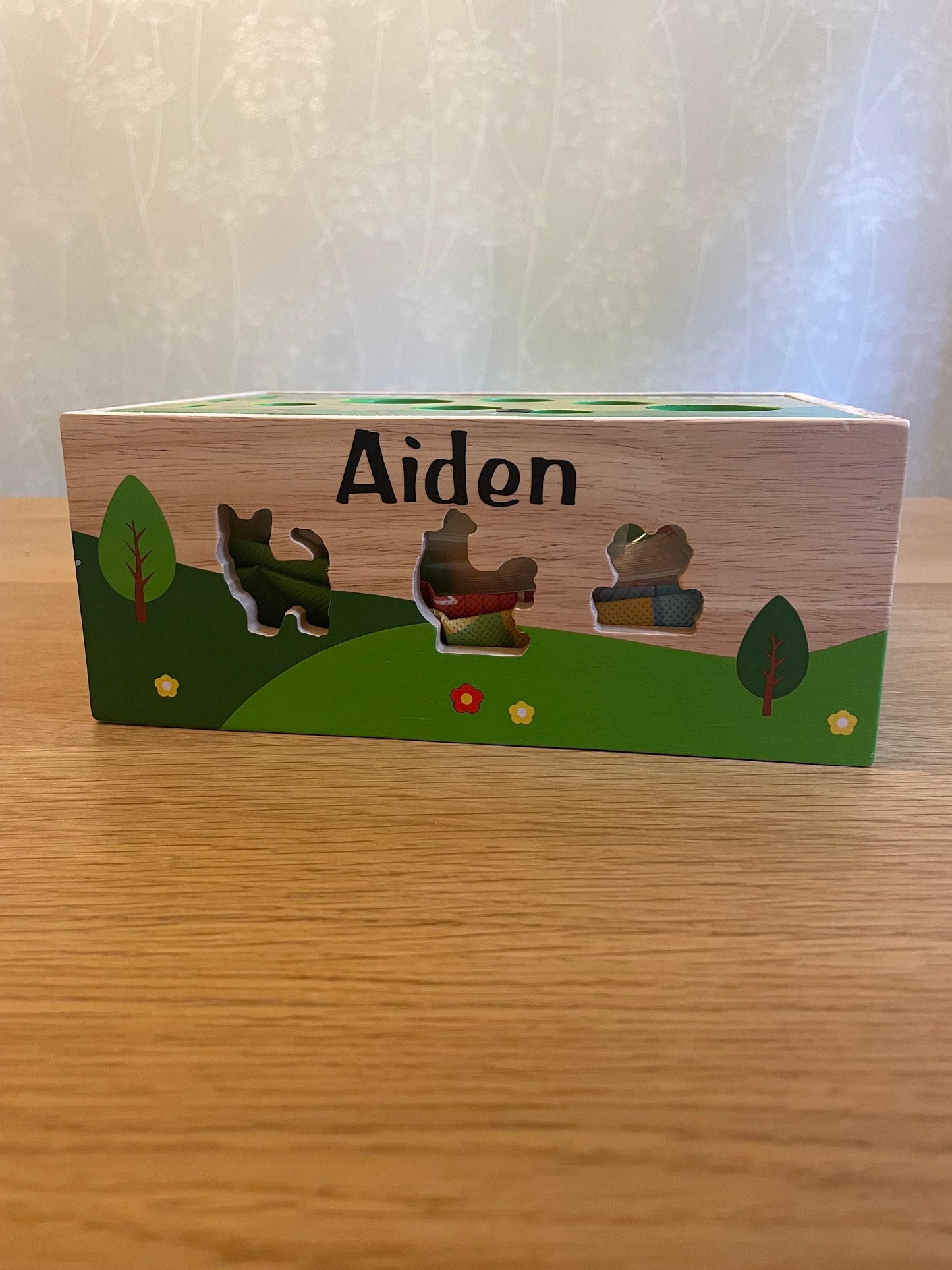 Personalised Wooden Montessori Farm Themed Educational Toy. Colour and shape sorting using fine motor skills and playmat to help imagination