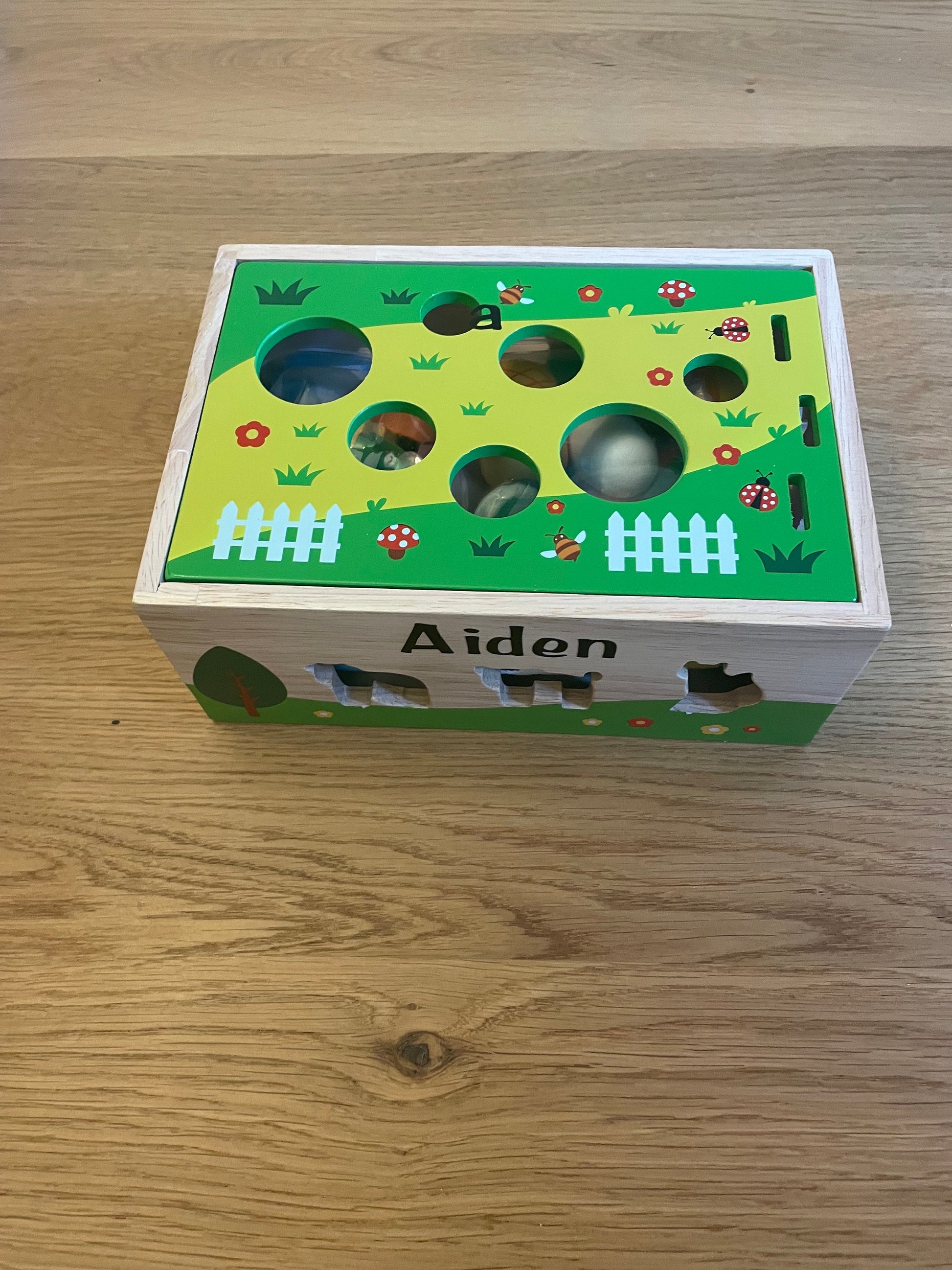 Personalised Wooden Montessori Farm Themed Educational Toy. Colour and shape sorting using fine motor skills and playmat to help imagination