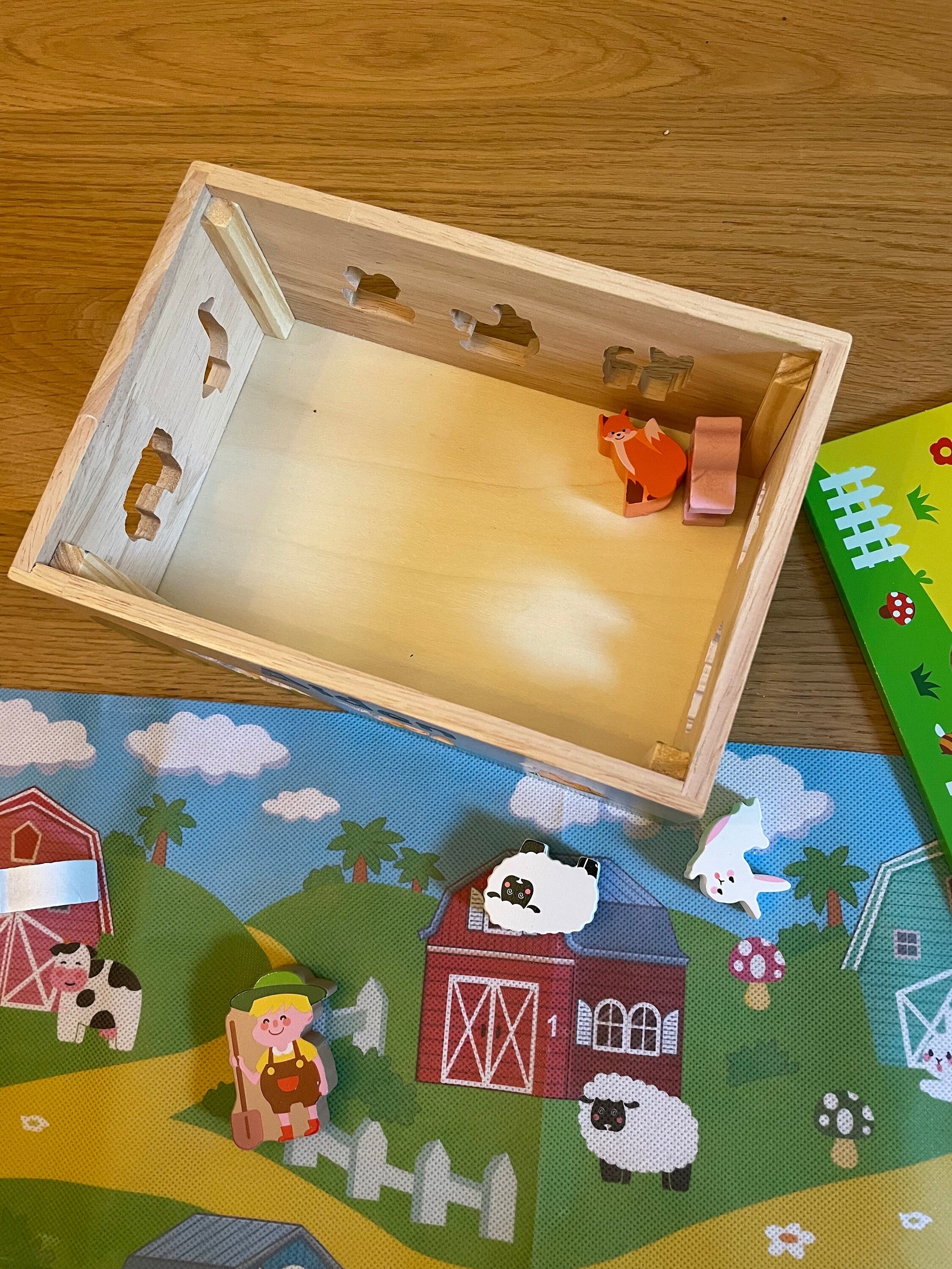 Personalised Wooden Montessori Farm Themed Educational Toy. Colour and shape sorting using fine motor skills and playmat to help imagination