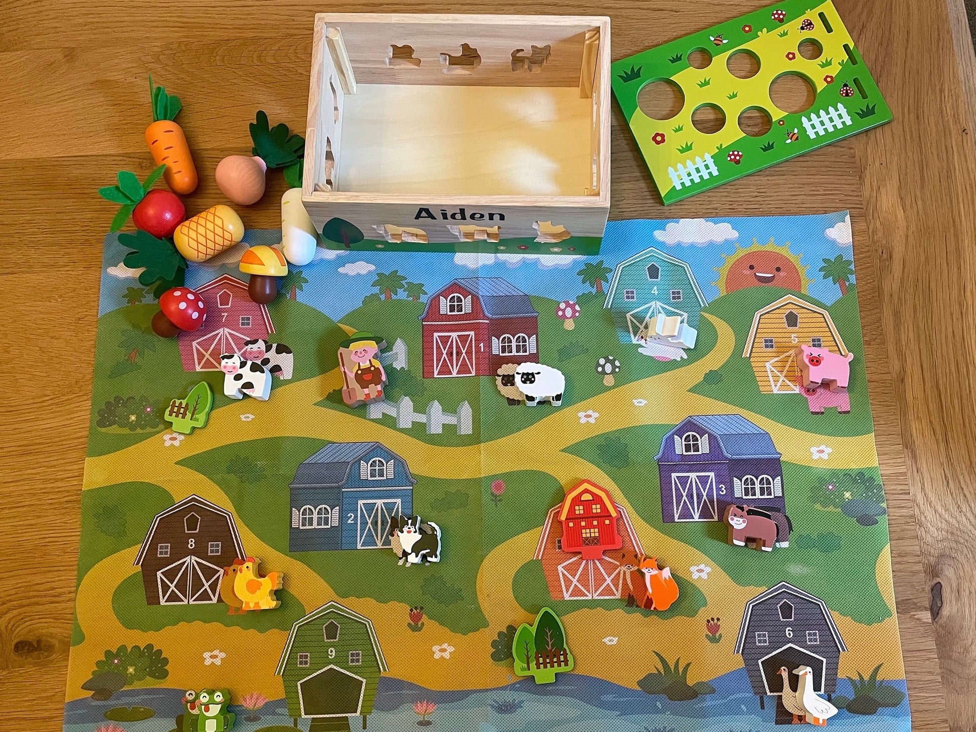 Personalised Wooden Montessori Farm Themed Educational Toy. Colour and shape sorting using fine motor skills and playmat to help imagination