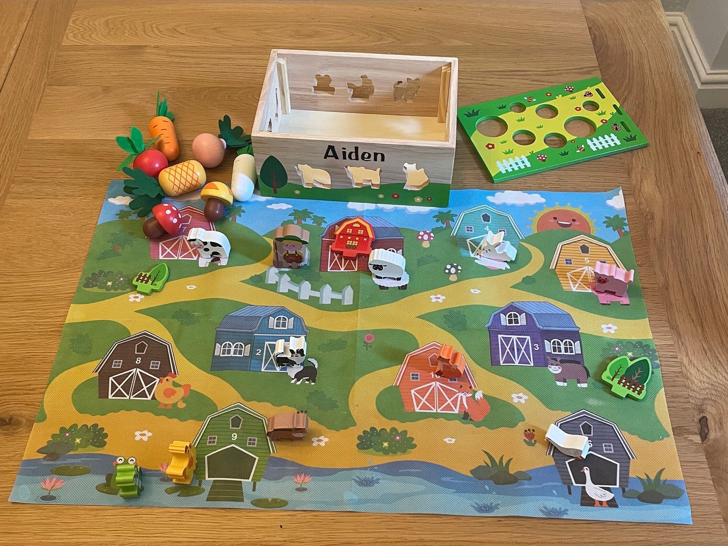 Personalised Wooden Montessori Farm Themed Educational Toy. Colour and shape sorting using fine motor skills and playmat to help imagination