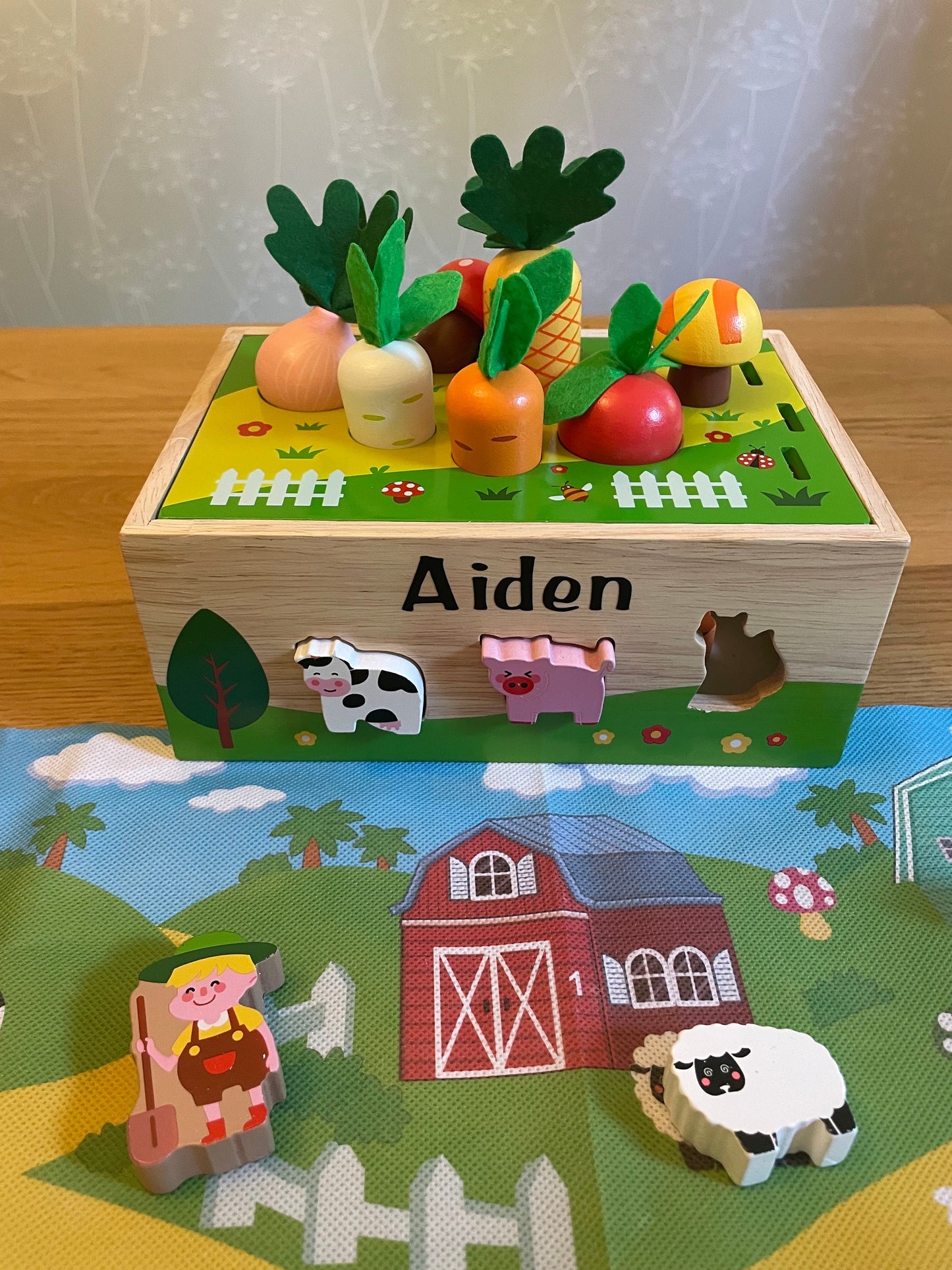 Personalised Wooden Montessori Farm Themed Educational Toy. Colour and shape sorting using fine motor skills and playmat to help imagination