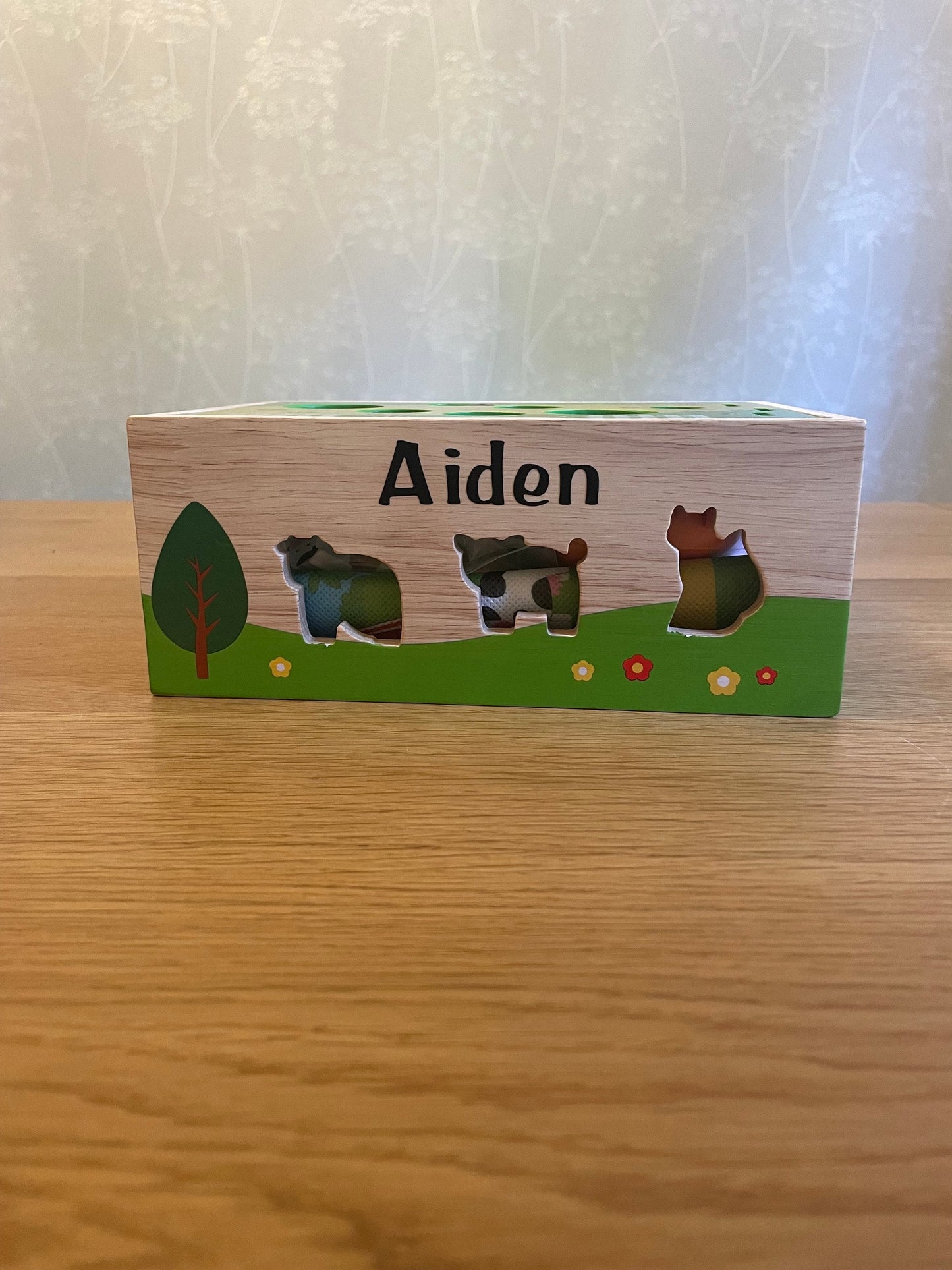 Personalised Wooden Montessori Farm Themed Educational Toy. Colour and shape sorting using fine motor skills and playmat to help imagination