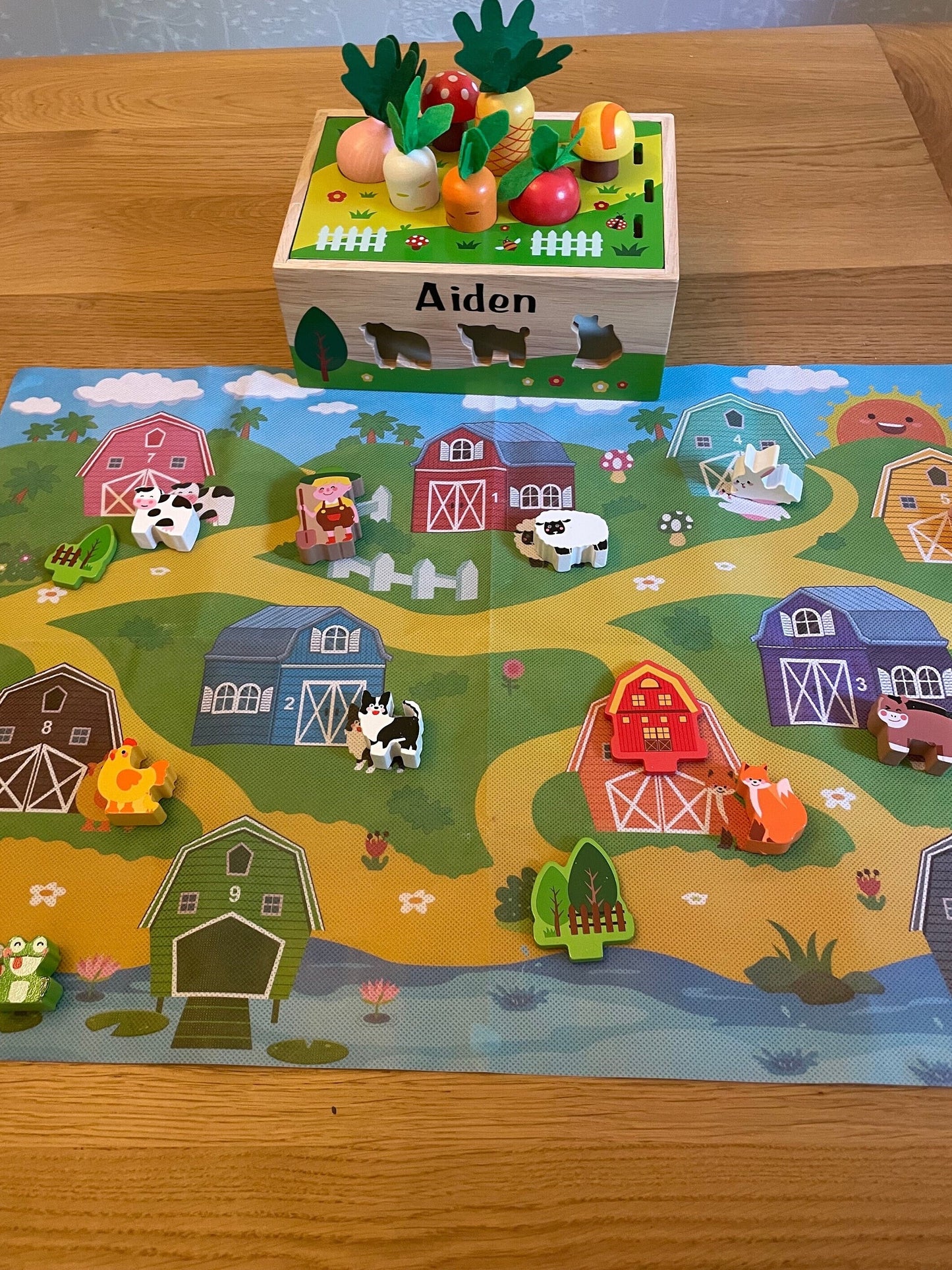 Personalised Wooden Montessori Farm Themed Educational Toy. Colour and shape sorting using fine motor skills and playmat to help imagination