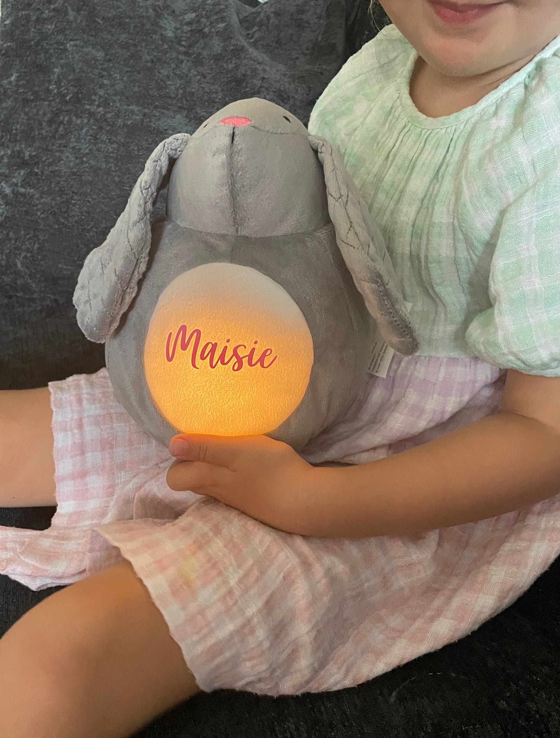 Personalised super cute soft bunny toy with LED light. Battery operated and fully washable