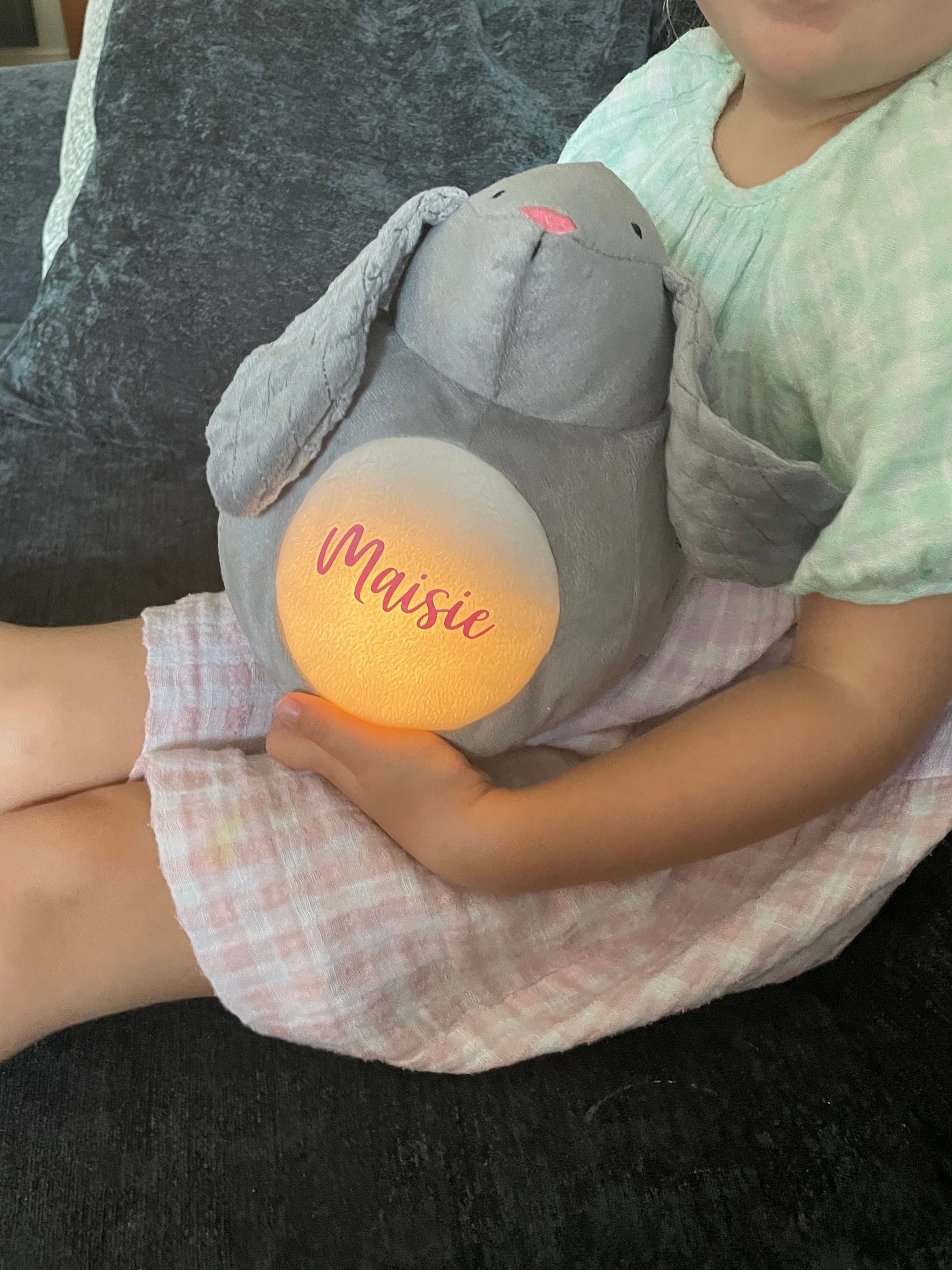 Personalised super cute soft bunny toy with LED light. Battery operated and fully washable