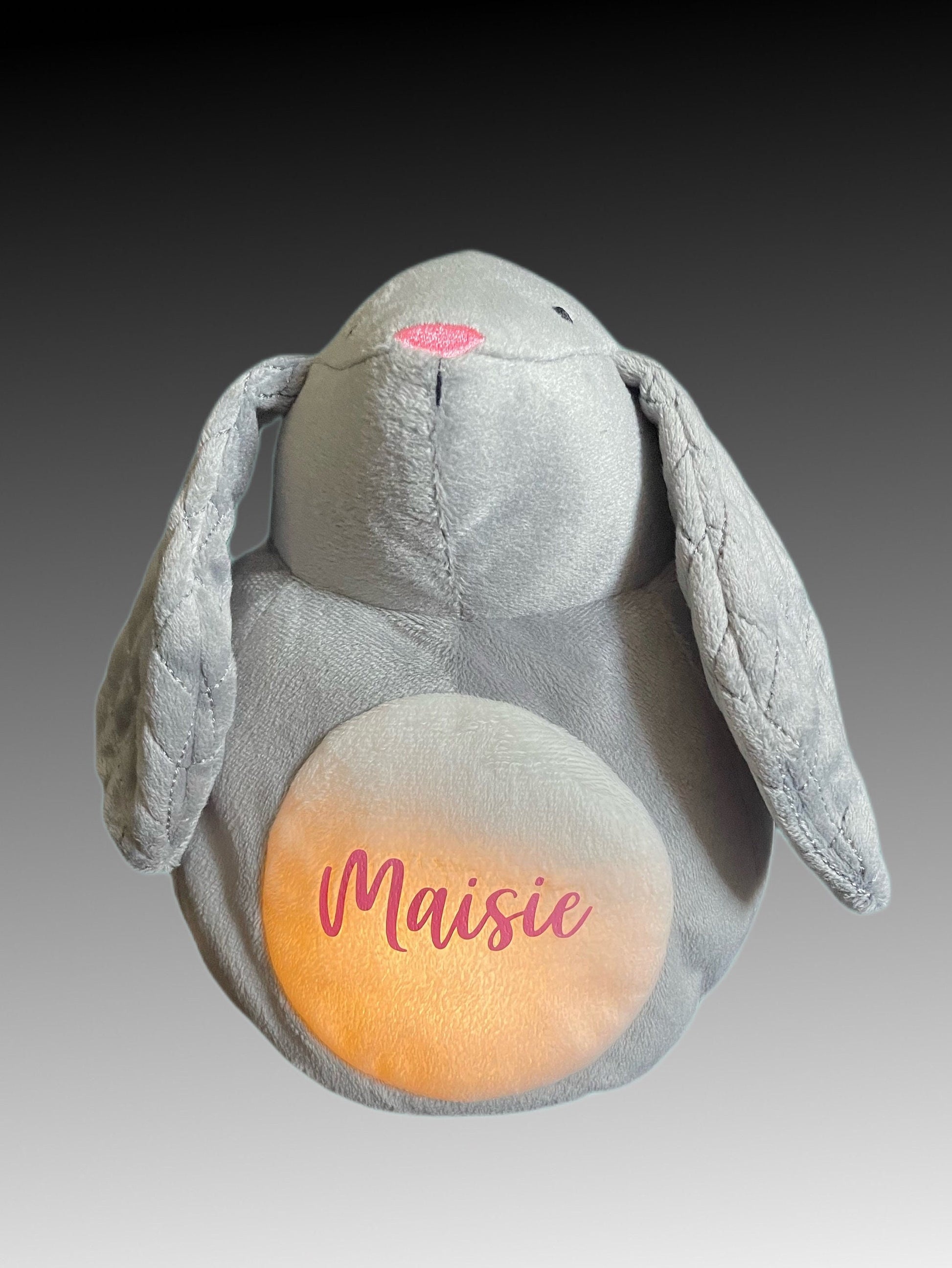 Personalised super cute soft bunny toy with LED light. Battery operated and fully washable