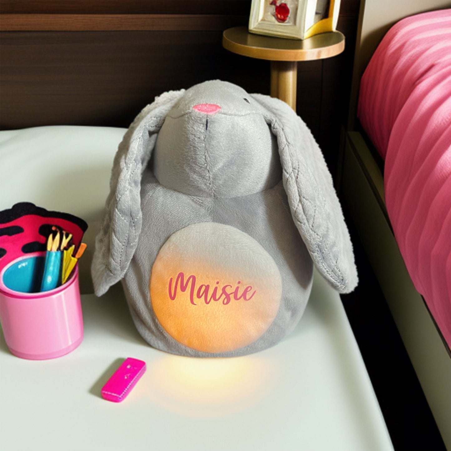 Personalised super cute soft bunny toy with LED light. Battery operated and fully washable