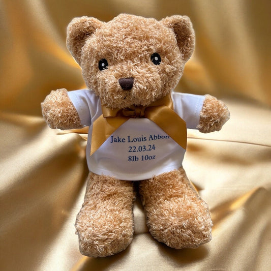 Beautiful Personalised Teddy Bear - Height 26cm stretched 18.5cm sitting.