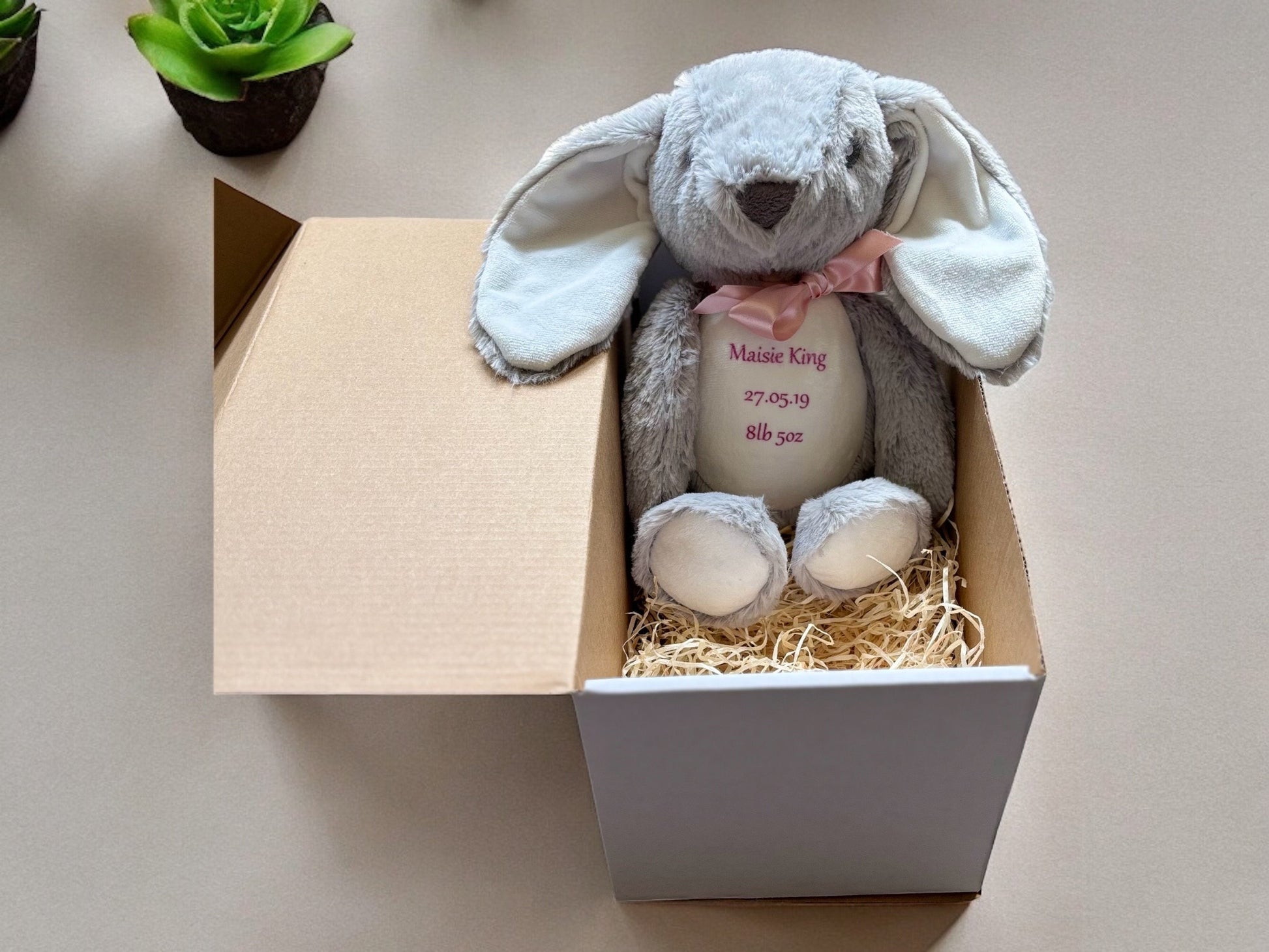 Cute Personalised Plush Rabbit - Height 27cm stretched, 18 cm sitting.