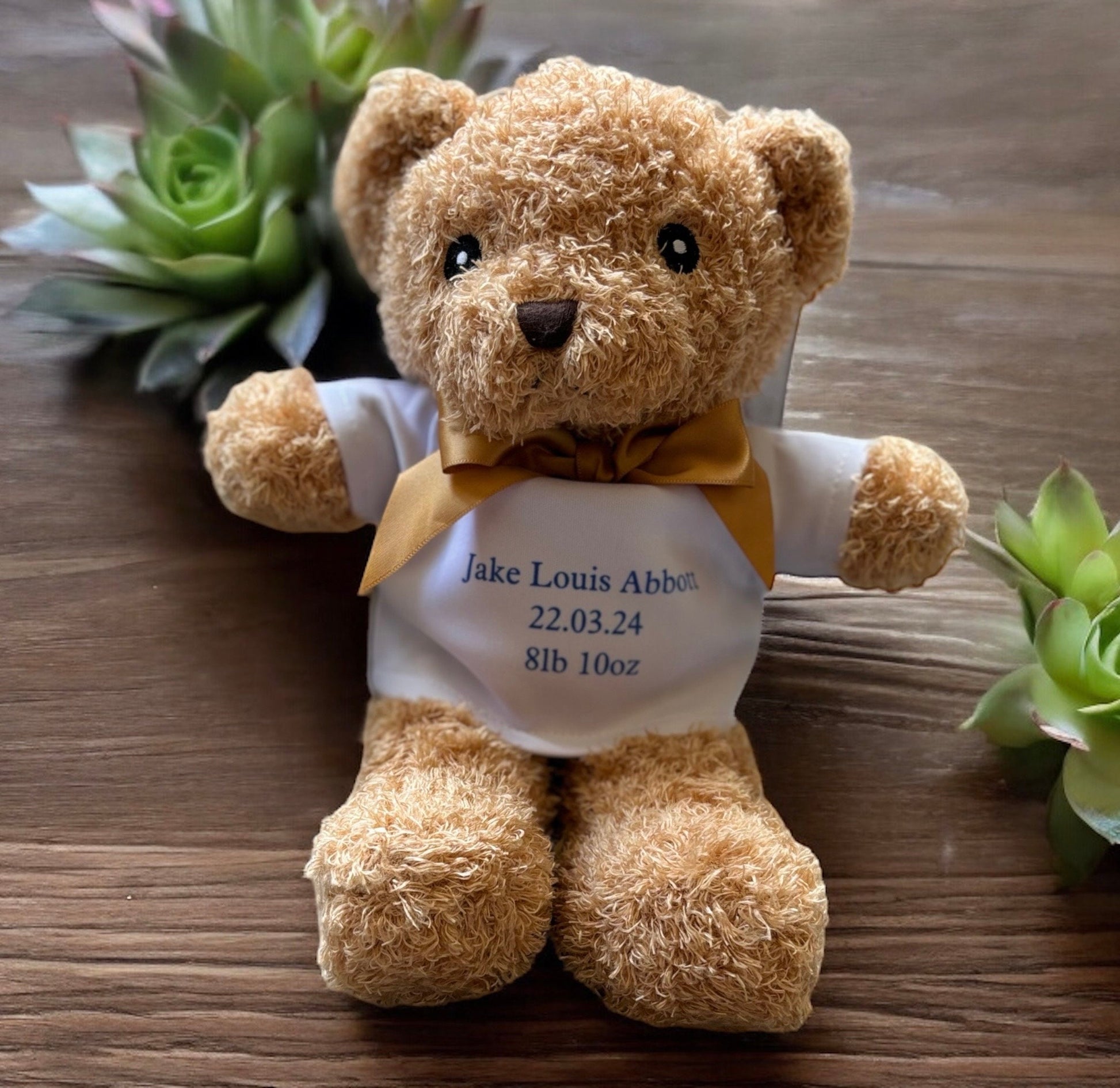 Beautiful Personalised Teddy Bear - Height 26cm stretched 18.5cm sitting.