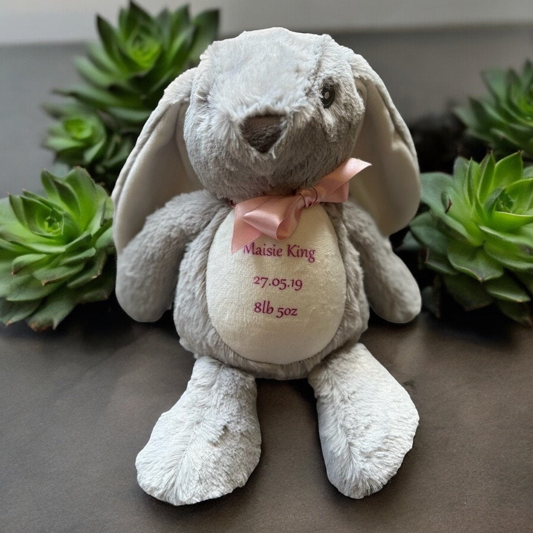 Cute Personalised Plush Rabbit - Height 27cm stretched, 18 cm sitting.