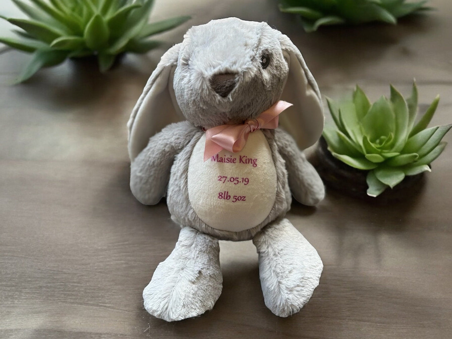 Cute Personalised Plush Rabbit - Height 27cm stretched, 18 cm sitting.