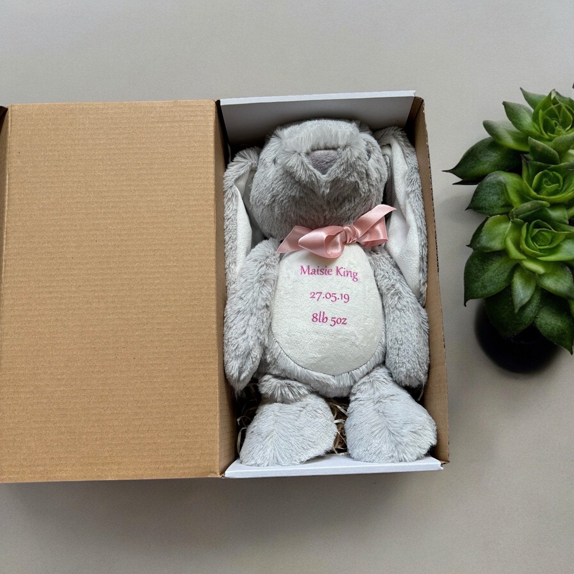 Cute Personalised Plush Rabbit - Height 27cm stretched, 18 cm sitting.
